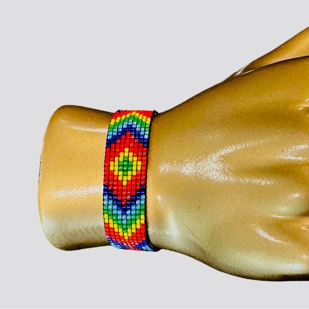 Handwoven handcrafted geometric colorful seed bead tie-on bracelet